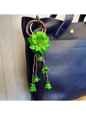 Green Flower Purse Charm Genuine Leather Bag Charm Pansies Dahlia NEW FAST SHIP